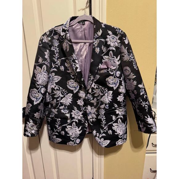 INC International Concepts Black Purple Silver Floral Party Suit Coat Blazer XL - Picture 2 of 16